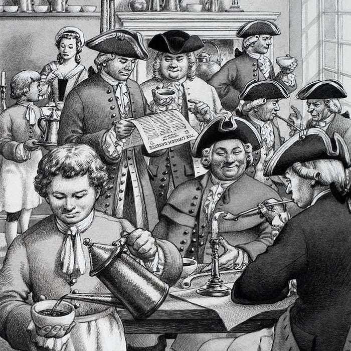 Black and white etching of 18th Century London coffee house