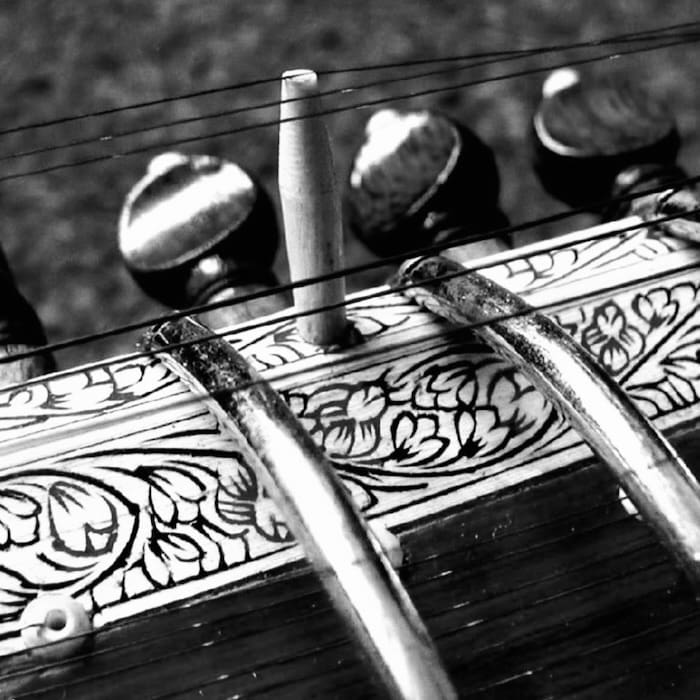 Black and white image of a sitar